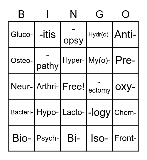 Prefixes and Suffixes Bingo Card