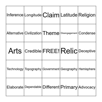 Vocabulary Bingo Card