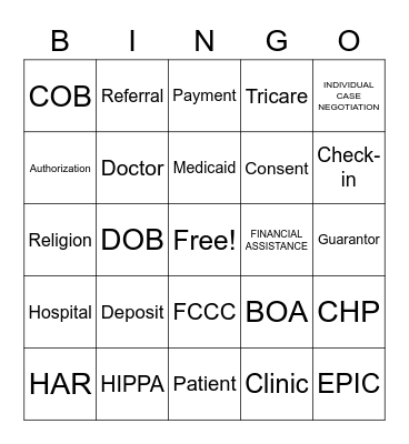 Patient Access Bingo Card