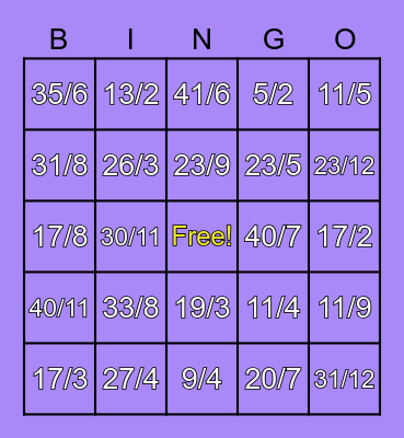 Mixed Numbers  to Improper fractions Bingo Card