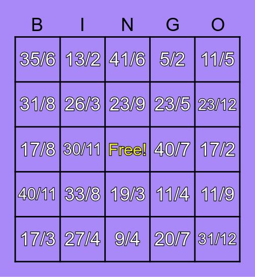 Mixed Numbers  to Improper fractions Bingo Card