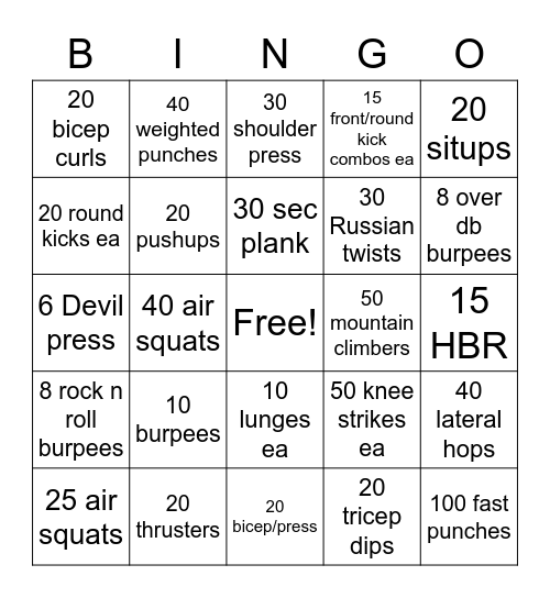 CSBD Kickboxing Bingo Card