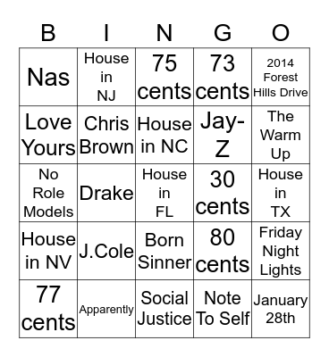 J. Cole Bingo Card