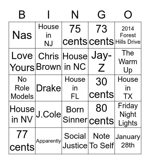 J. Cole Bingo Card
