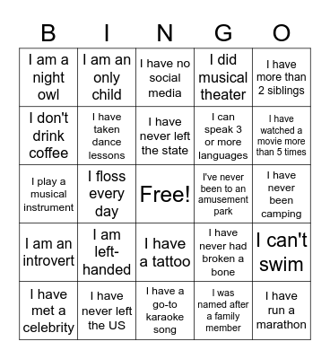 Getting To Know You! Bingo Card