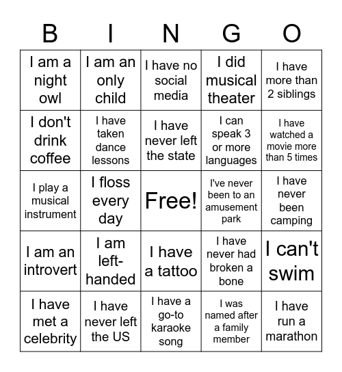 Getting To Know You! Bingo Card