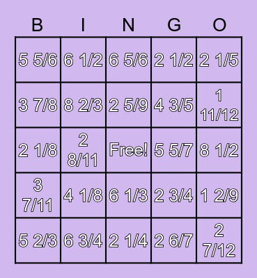 Improper Fractions to Mixed Numbers Bingo Card