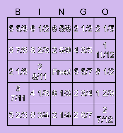 Improper Fractions to Mixed Numbers Bingo Card