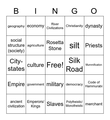 6th Grade Ancient Civilizations Bingo Card