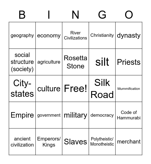 6th Grade Ancient Civilizations Bingo Card