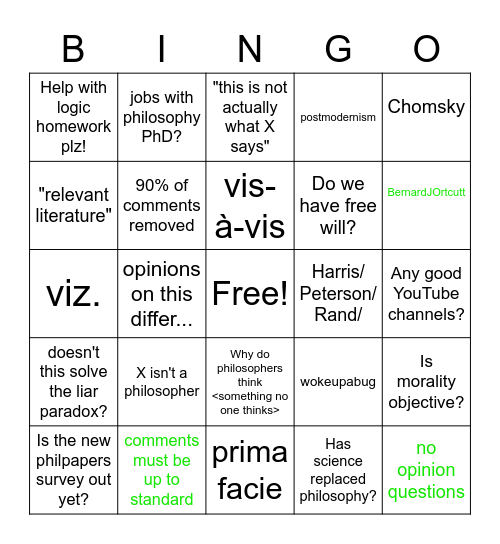 /r/askphilosophy Bingo Card