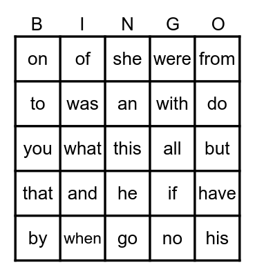 Sight Words Bingo Card