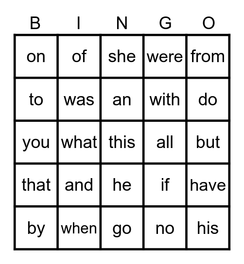 Sight Words Bingo Card