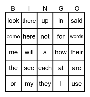 Sight Words Bingo Card