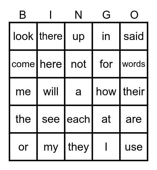 Sight Words Bingo Card