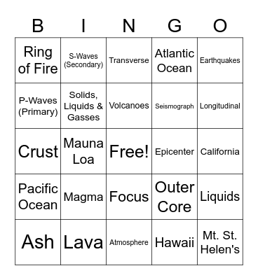 Volcano/Earthquake Bingo Card