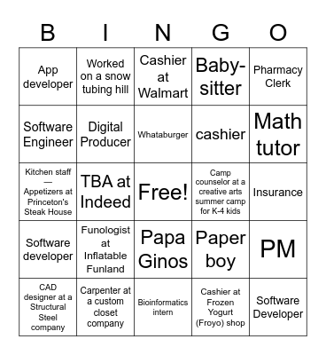 First Job Bingo! Bingo Card