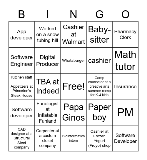 First Job Bingo! Bingo Card