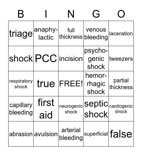 First Aid Bingo Card