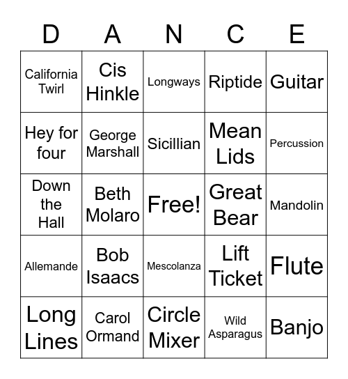 Contra Dance Bingo Card