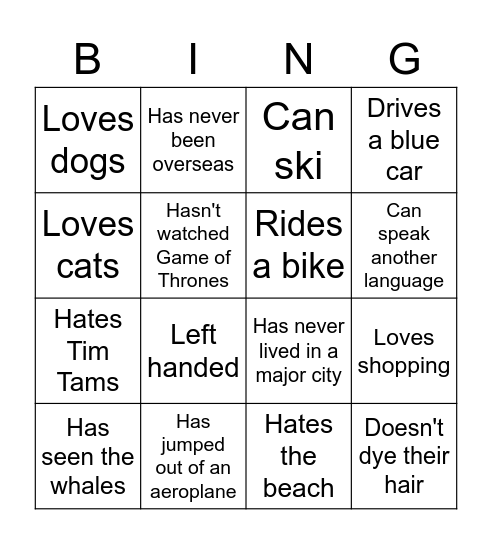 Get to know you Bingo Card