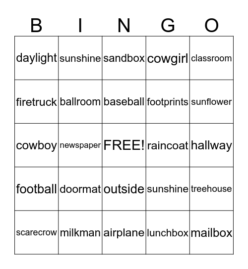 Compound Words Bingo Card