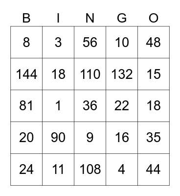 Multiplication Bingo Card