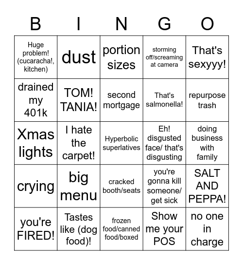 Restaurant Impossible Bingo Card