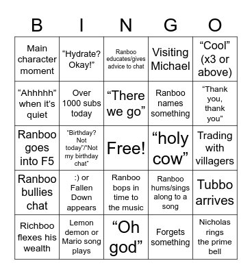 Ranboo Stream Bingo Card