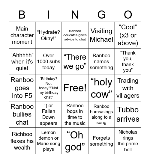 Ranboo Stream Bingo Card