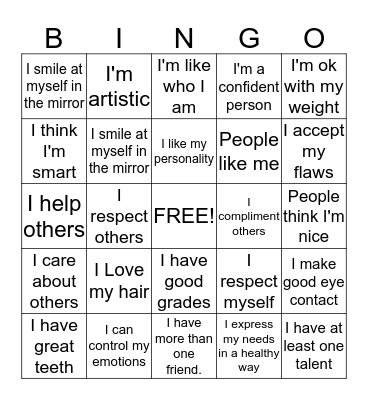 Self-Esteem Bingo Card
