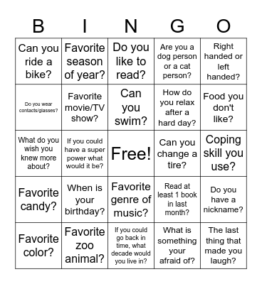 Get to know you Bingo Card
