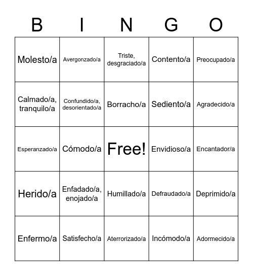 Las emociones y sentimientos Bingo Card