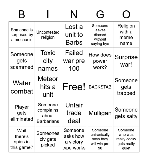 Uncivilized Bingo Card