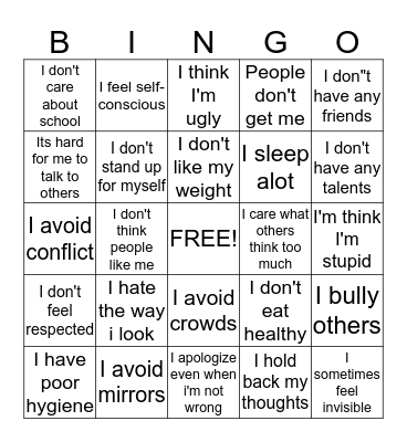 Low Self-Esteem Bingo Card