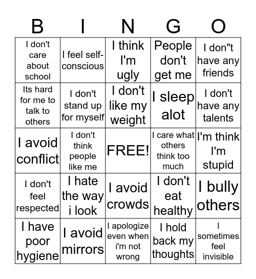 Low Self-Esteem Bingo Card
