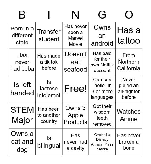 Alpha Omicron Info Night Bingo Card