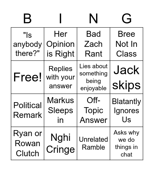 Icky Class Bingo Card