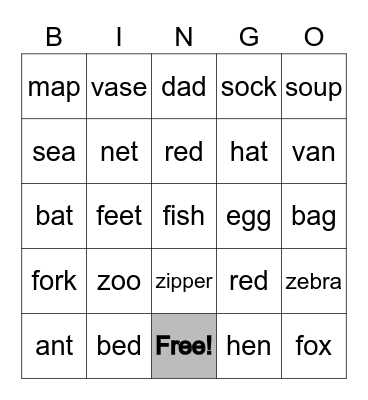 Phonics - f / v / s / z / short a / short e Bingo Card