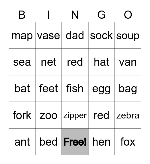 Phonics - f / v / s / z / short a / short e Bingo Card