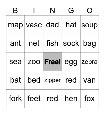 Phonics - f / v / s / z / short a / short e Bingo Card