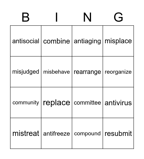 Prefix Bingo 2 Bingo Card