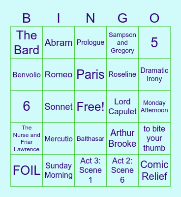 Romeo and Juliet Bingo Card