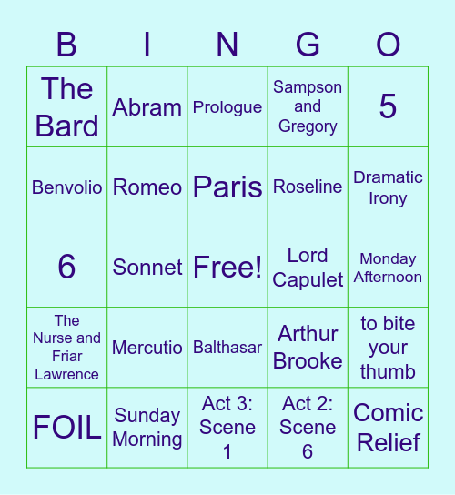 Romeo and Juliet Bingo Card