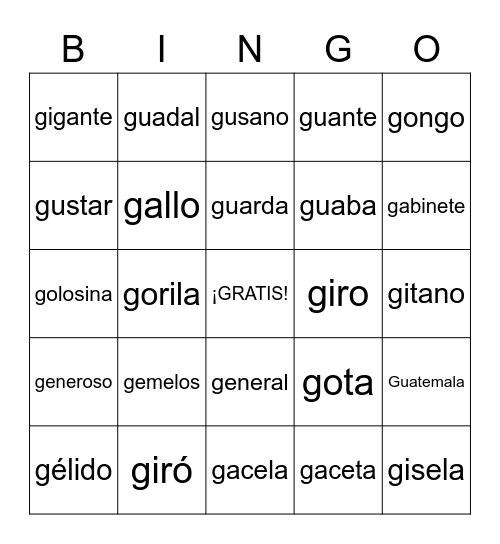 BINGO ga,go,gu (g) ge,gi (j) Bingo Card