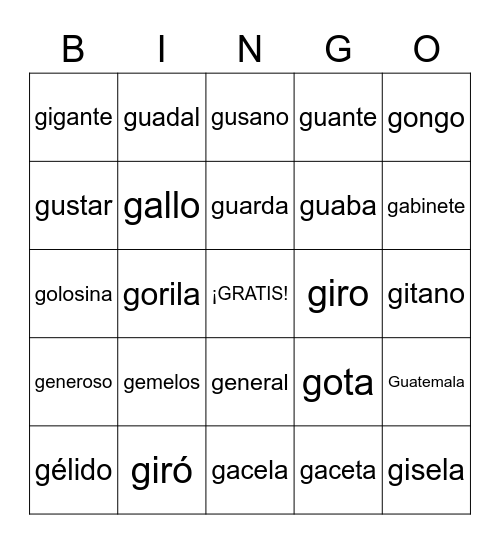 BINGO ga,go,gu (g)  ge,gi (j) Bingo Card