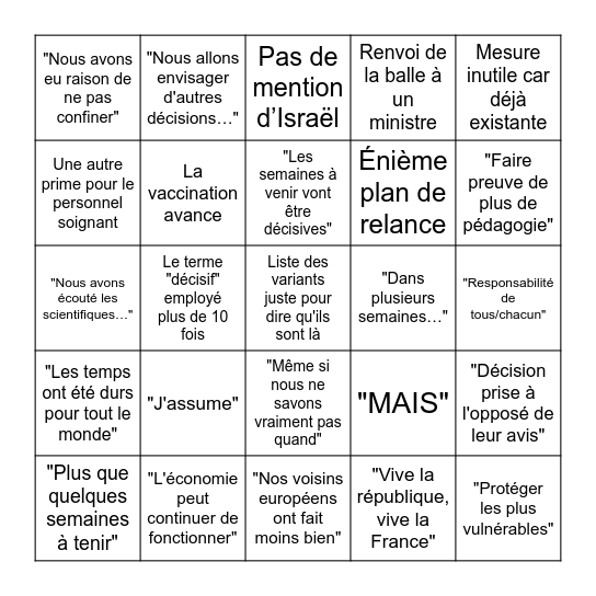 Allocution du 31 Mars 2021 Bingo Card