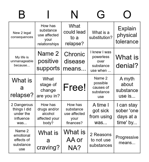 Substance Abuse Recovery #1 Bingo Card