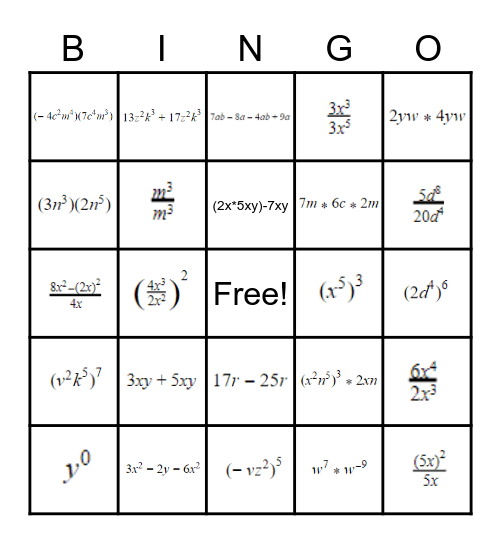 Simplifying Monomials Bingo Card