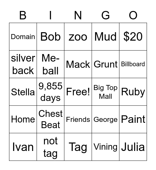 One and Only Ivan Bingo Card